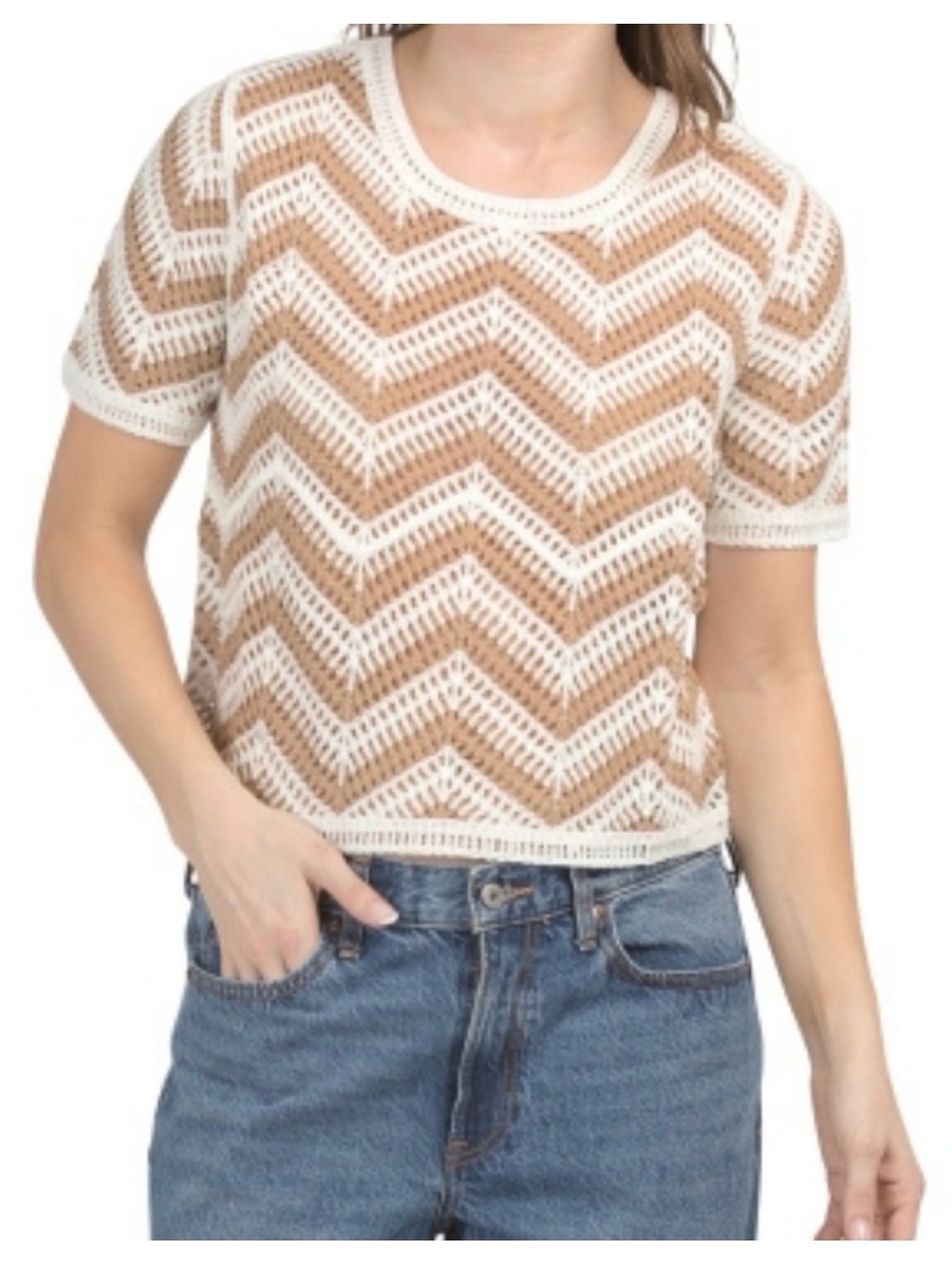 Laundry by Shelli Segal chevron crochet camel/marshmallow sweater